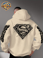 Warner Bros Official Superman Logo Print Men's Trendy Hooded Sweatshirt, Featuring Sleeve Print Design, Kangaroo Pocket, and Drawstring Hood, Suitable for Daily Wear in Autumn and Winter as Well as Outdoor Sports - a Must-have Item for Trend - Apricot