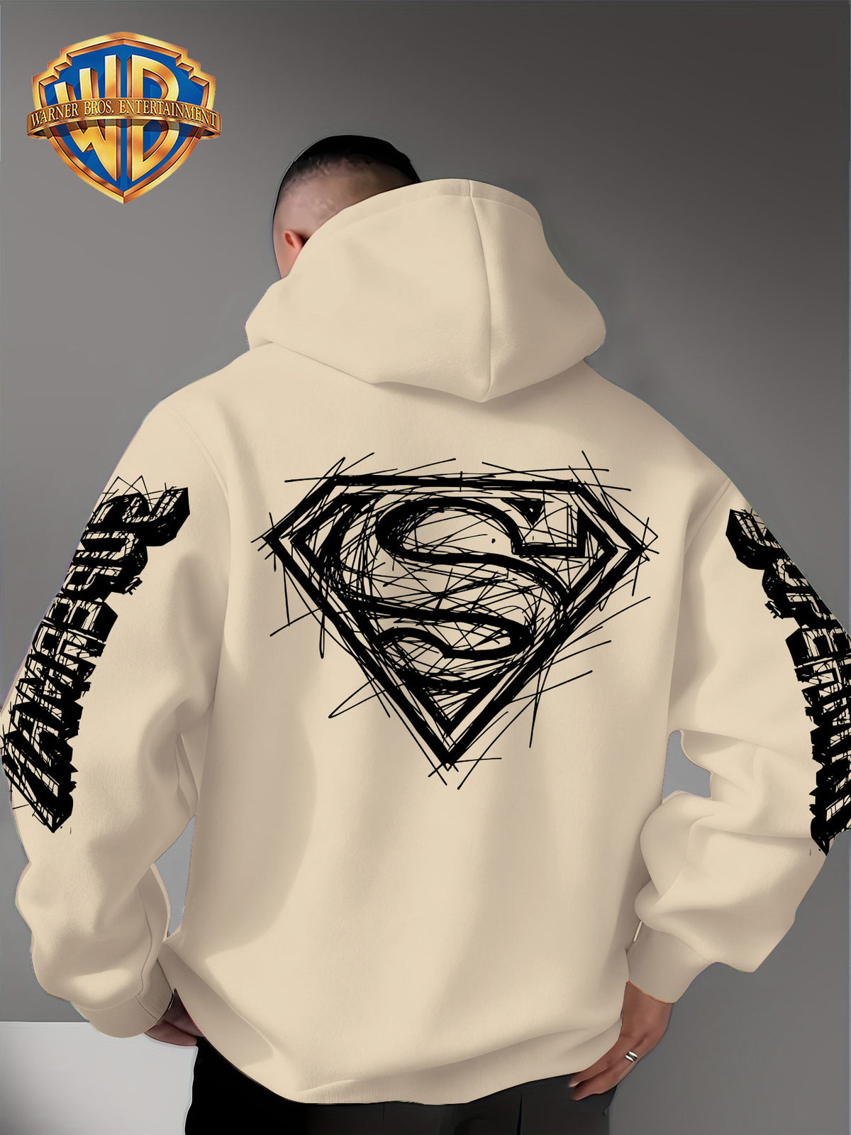 Warner Bros Official Superman Logo Print Men's Trendy Hooded Sweatshirt, Featuring Sleeve Print Design, Kangaroo Pocket, and Drawstring Hood, Suitable for Daily Wear in Autumn and Winter as Well as Outdoor Sports - a Must-have Item for Trend - Apricot