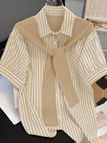 Women's Summer Striped Collar Loose Casual Shirt - Lightweight Machine Washable Top with Gray-White Vertical Stripes, Spring/Summer Wear - Multicolor