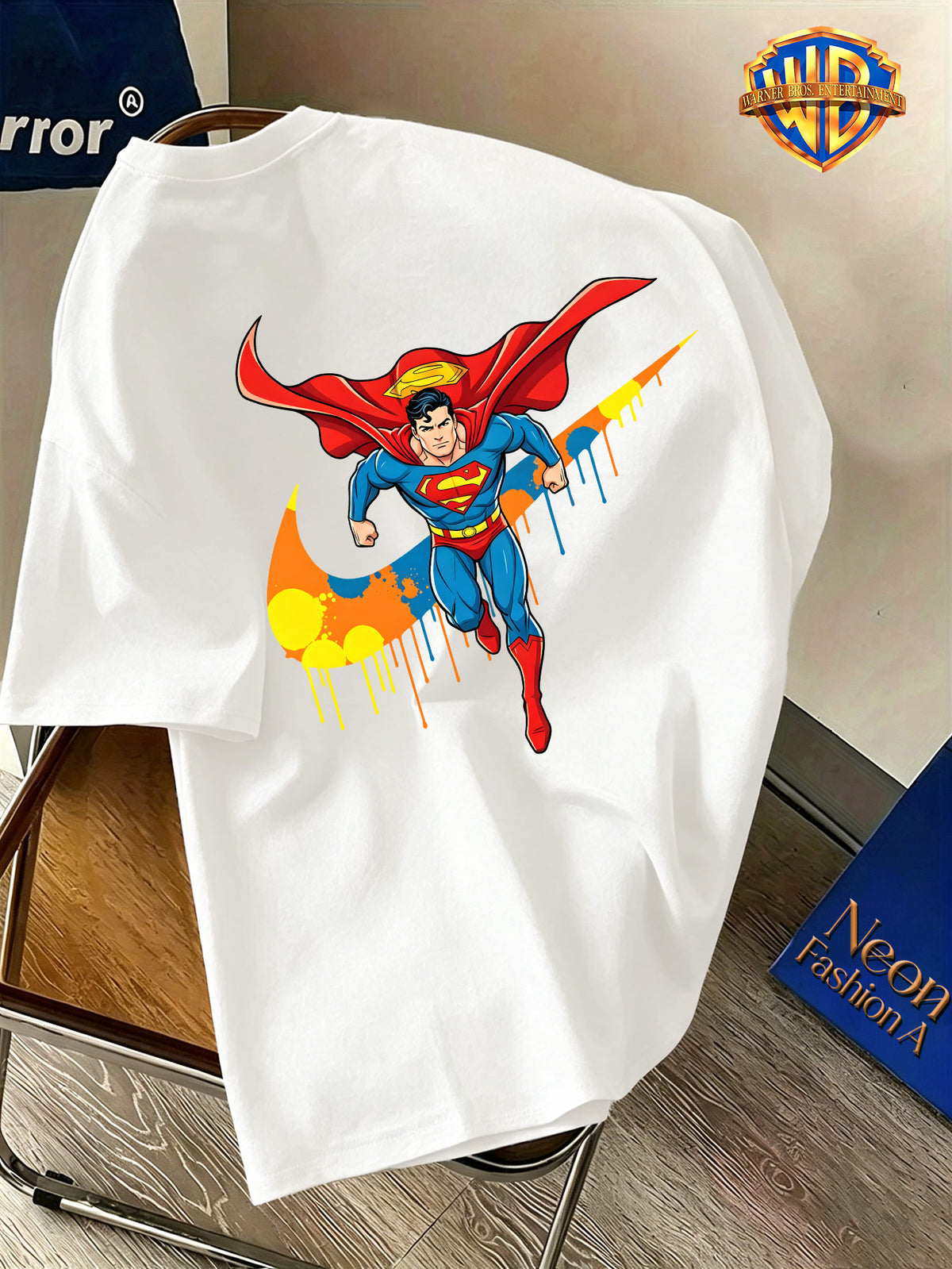 Back-To-School Season Warner Authorized, Men'S Casual T-Shirt, Soft Breathable Fabric Lightweight Short Sleeve, DC Genuine Superman Dynamic Flying Pose Colorful Resin Drop Trendy Print, Lightweight Comfortable Fit - White