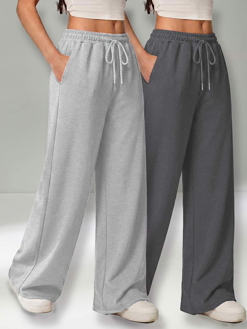 Autumn and Winter High-Waisted Casual Versatile Pants, Elastic Waist Loose Wide-Leg Pants 2pcs Set - Grey+Dark Grey