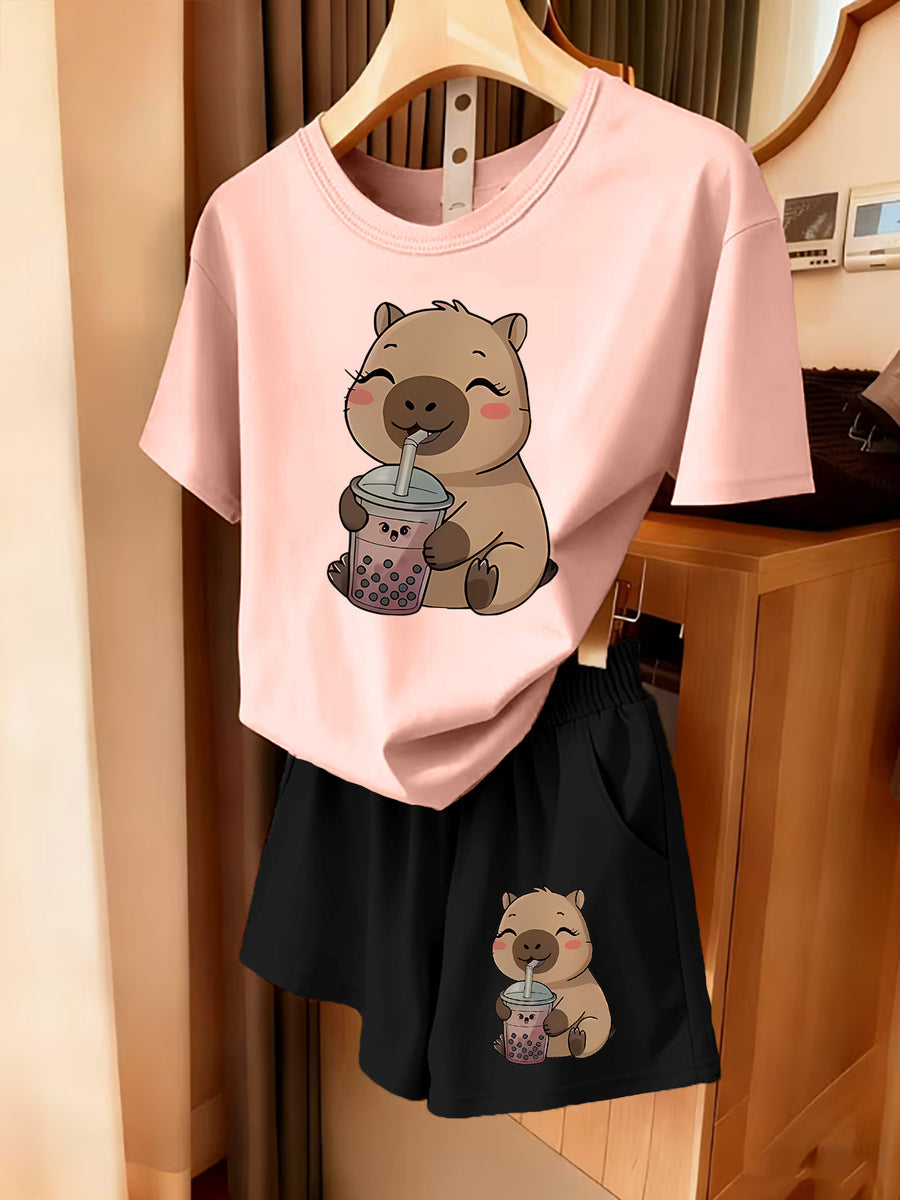 2pcs Women's Spring Summer Short Sleeve & Shorts Matching Outfit - Capybara Print Pajamas Gym Wear Sleepwear, Soft Breathable Pajamas, Valentine's Day Gift, Machine Washable 2pcs Set - Blush+Black
