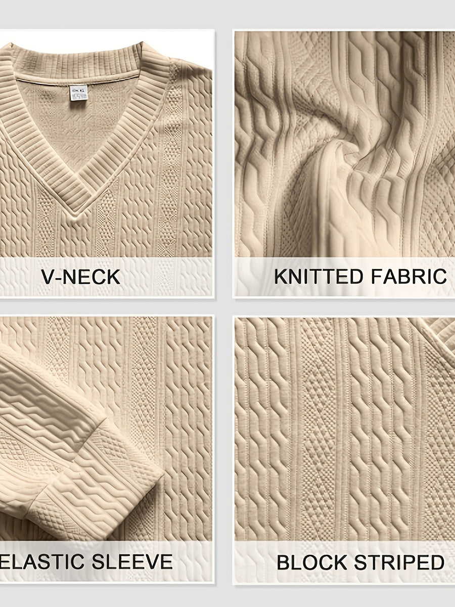 Fall Winter Men'S Casual Cable Knit Pullover, V-Neck Long Sleeve Textured Sweater with Ribbed Neckline, Cuffs, And Hem, Relaxed Everyday Top for Business Casual, Weekend, Dinner, Vacation, Travel, And Outdoor Walks - Khaki