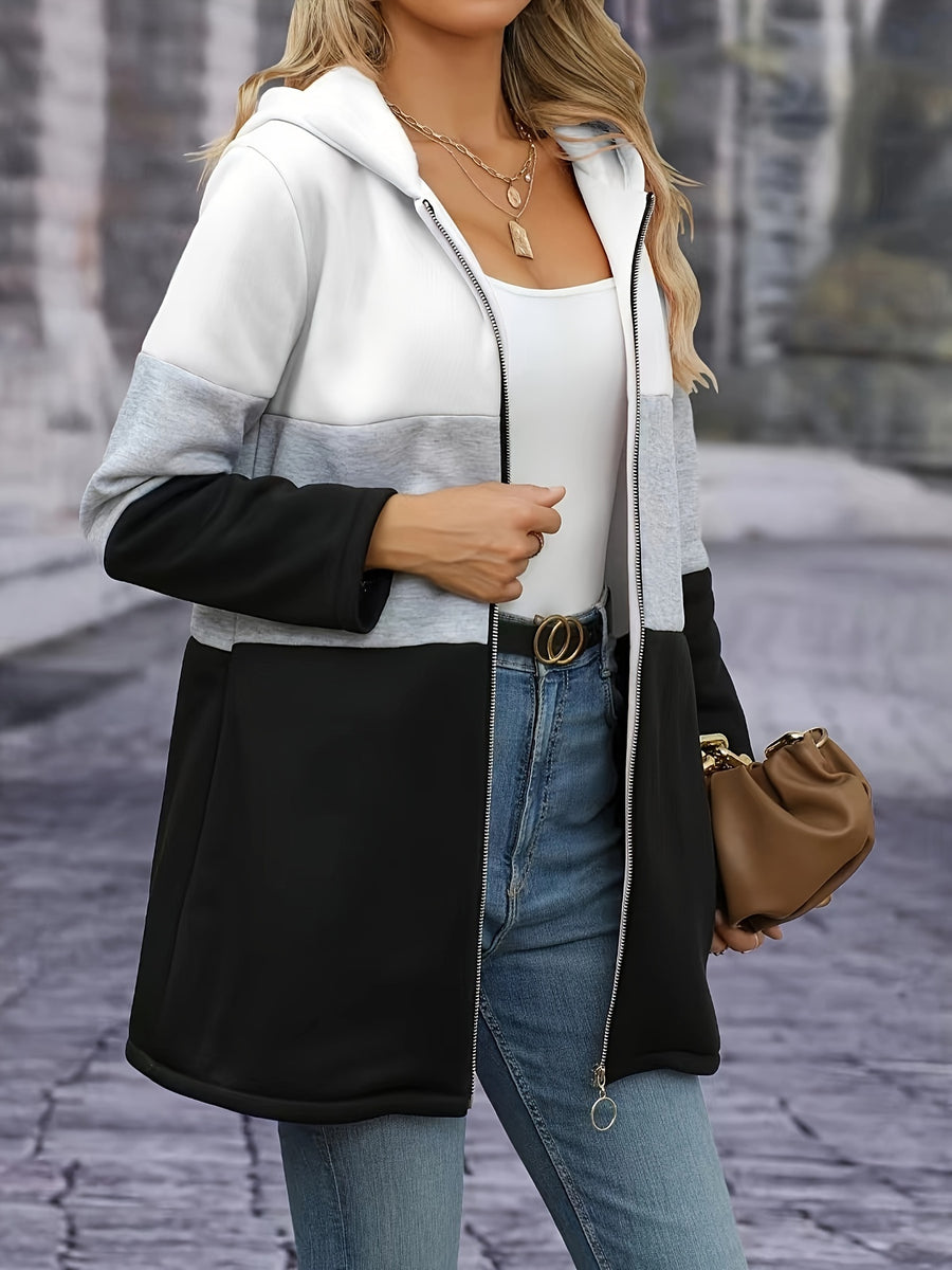 Women's Elegant Contrast Color Fleece Thickened Hooded Cardigan - Full Zip Hooded Jacket Full-Length Zip Closure, Pink/Gray/Black - Contrast Color Design, Machine Washable Autumn Winter Sweater, Soft Texture, Warm Outerwear for Autumn Winter, Office - White