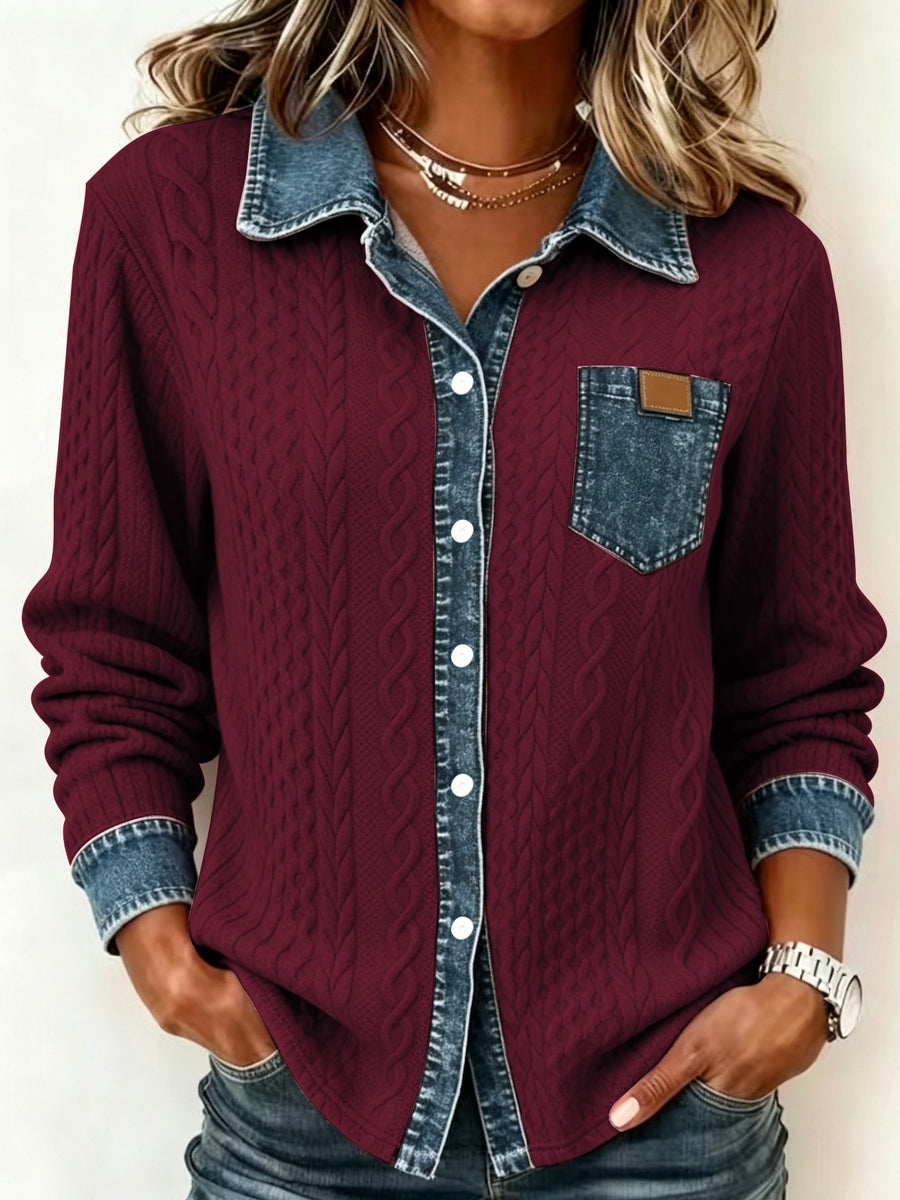 [Printed Pants - Not Faux Denim Fabric]Autumn Women'S Faux Denim Non- Patchwork Jacquard Sweatshirt Cardigan Long Sleeve Top - Burgundy