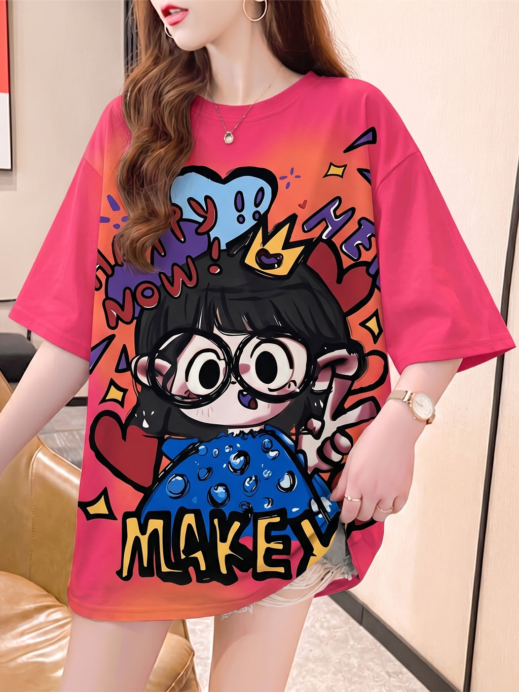 Summer New Fashion Trend Large Size Women's Slim Loose Medium Long Cartoon Short-sleeved T-shirt - Rose Red
