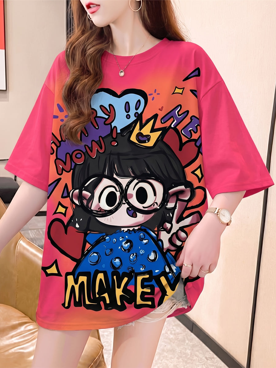 Summer New Fashion Trend Large Size Women's Slim Loose Medium Long Cartoon Short-sleeved T-shirt - Rose Red