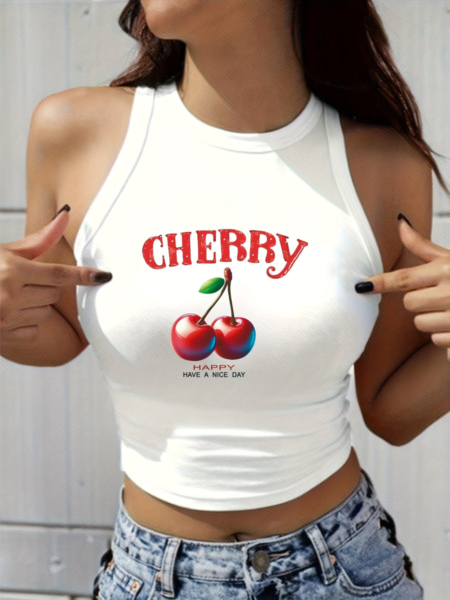 Women's Y2K Elegant Fashion Autumn/Summer Round Neck Tank Top, Cherry Print, Soft Fabric, Machine Washable Comfortable Knitwear, Trendy All-Season Street Style, Popular Loose-Fit Comfortable Multi-Color Option, Breathable Trendy Casual Top - White 2