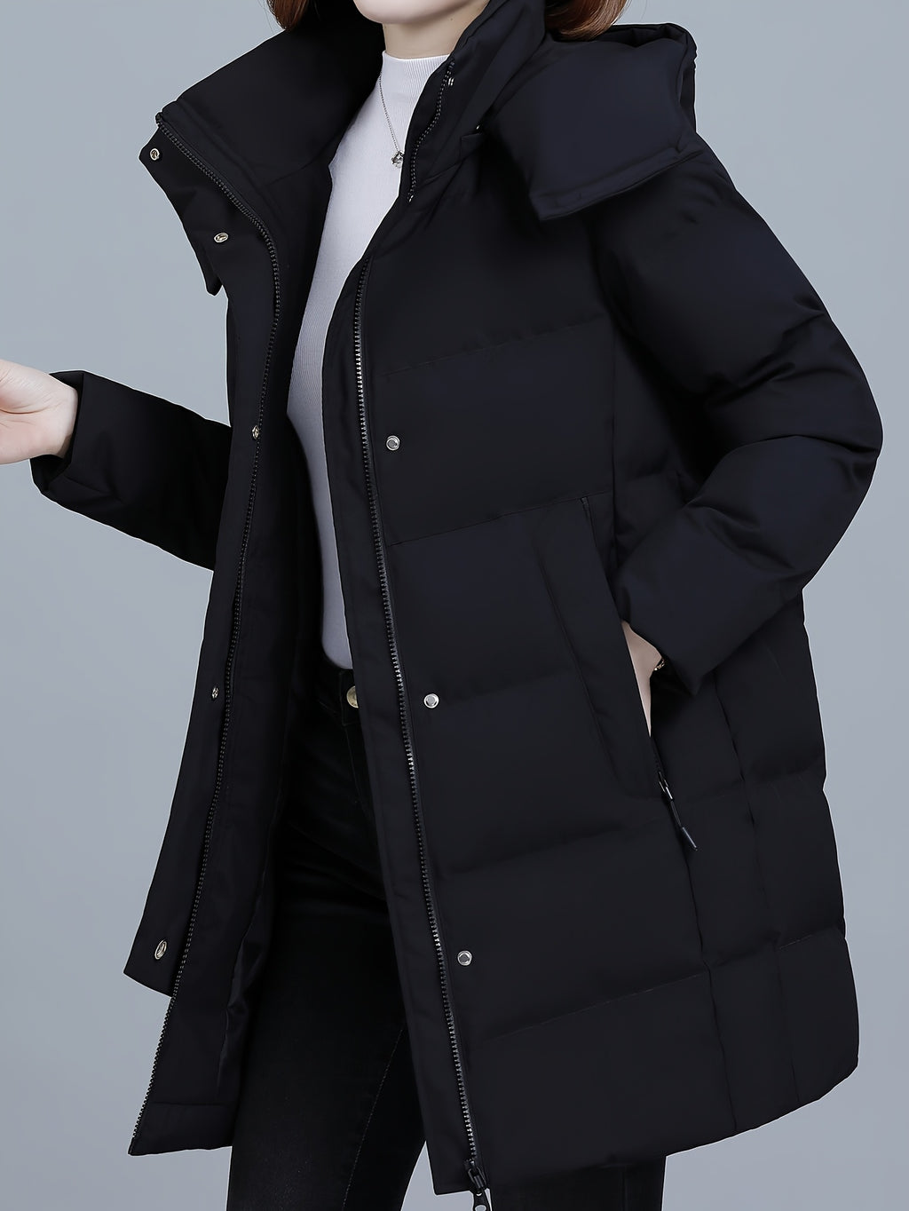Women's Hooded Mid-Length Padded Coat with Black Contrast Lining, Zipper and Snap Button Double Front Placket, Plus Size Loose Fit, Checkered Overlock Stitching with Anti-Slip Padding, Drawstring Adjustable Hem, Zippered Side Pockets - Black