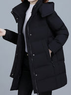 Women's Hooded Mid-Length Padded Coat with Black Contrast Lining, Zipper and Snap Button Double Front Placket, Plus Size Loose Fit, Checkered Overlock Stitching with Anti-Slip Padding, Drawstring Adjustable Hem, Zippered Side Pockets - Black