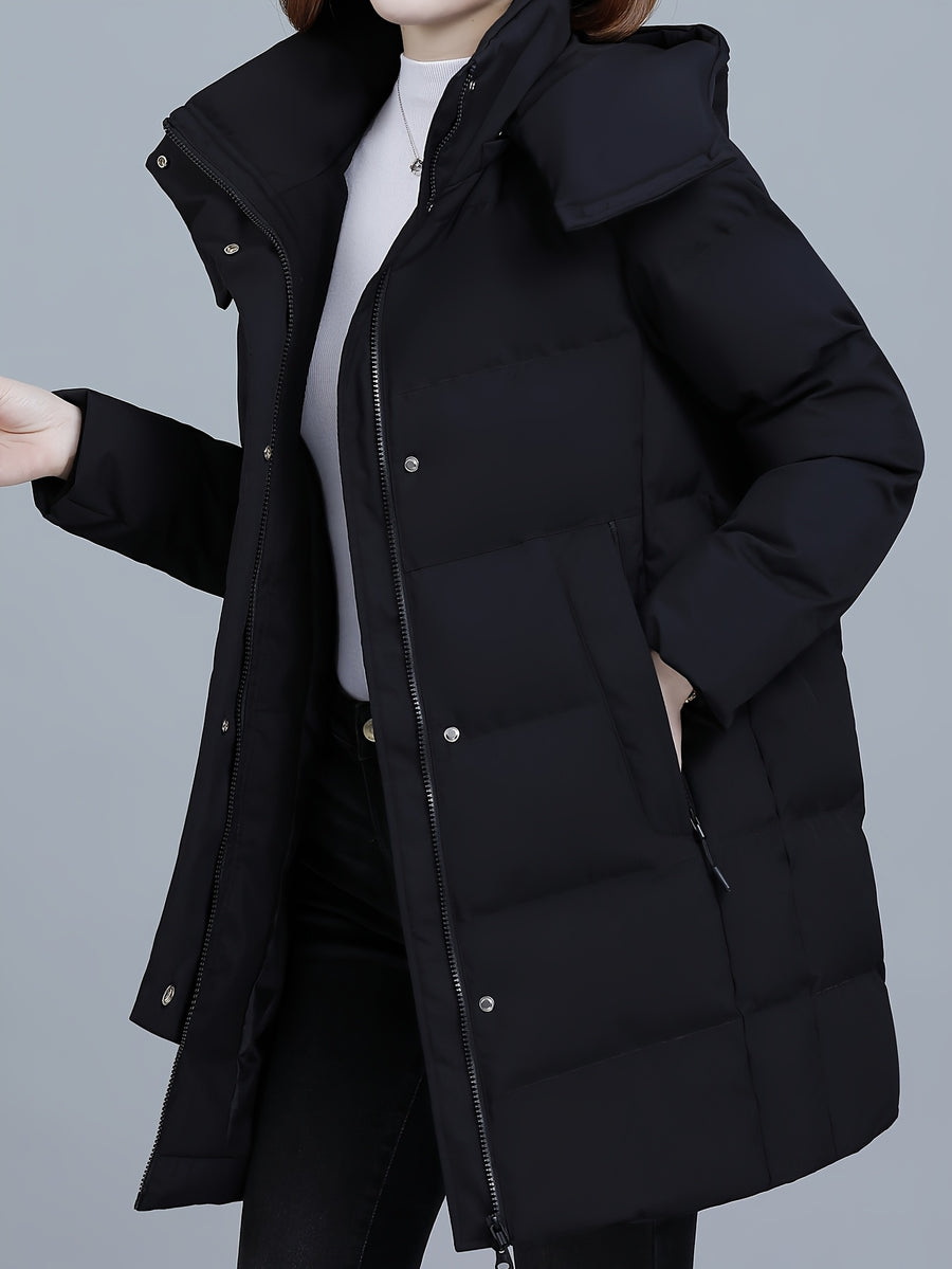 Women's Hooded Mid-Length Padded Coat with Black Contrast Lining, Zipper and Snap Button Double Front Placket, Plus Size Loose Fit, Checkered Overlock Stitching with Anti-Slip Padding, Drawstring Adjustable Hem, Zippered Side Pockets - Black
