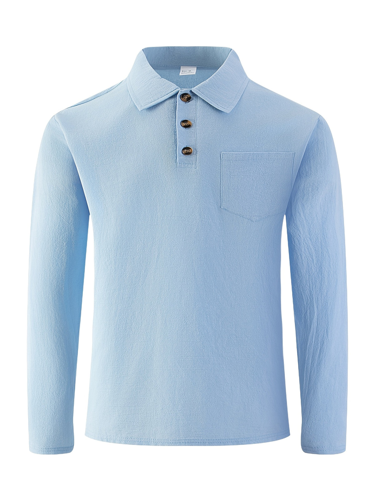 Men's Linen Long Sleeve Polo Shirt, Henley Button Placket Collared Top with Chest Pocket, Lightweight Breathable Casual Shirt for Daily Beach Vacation Wea - Sky Blue