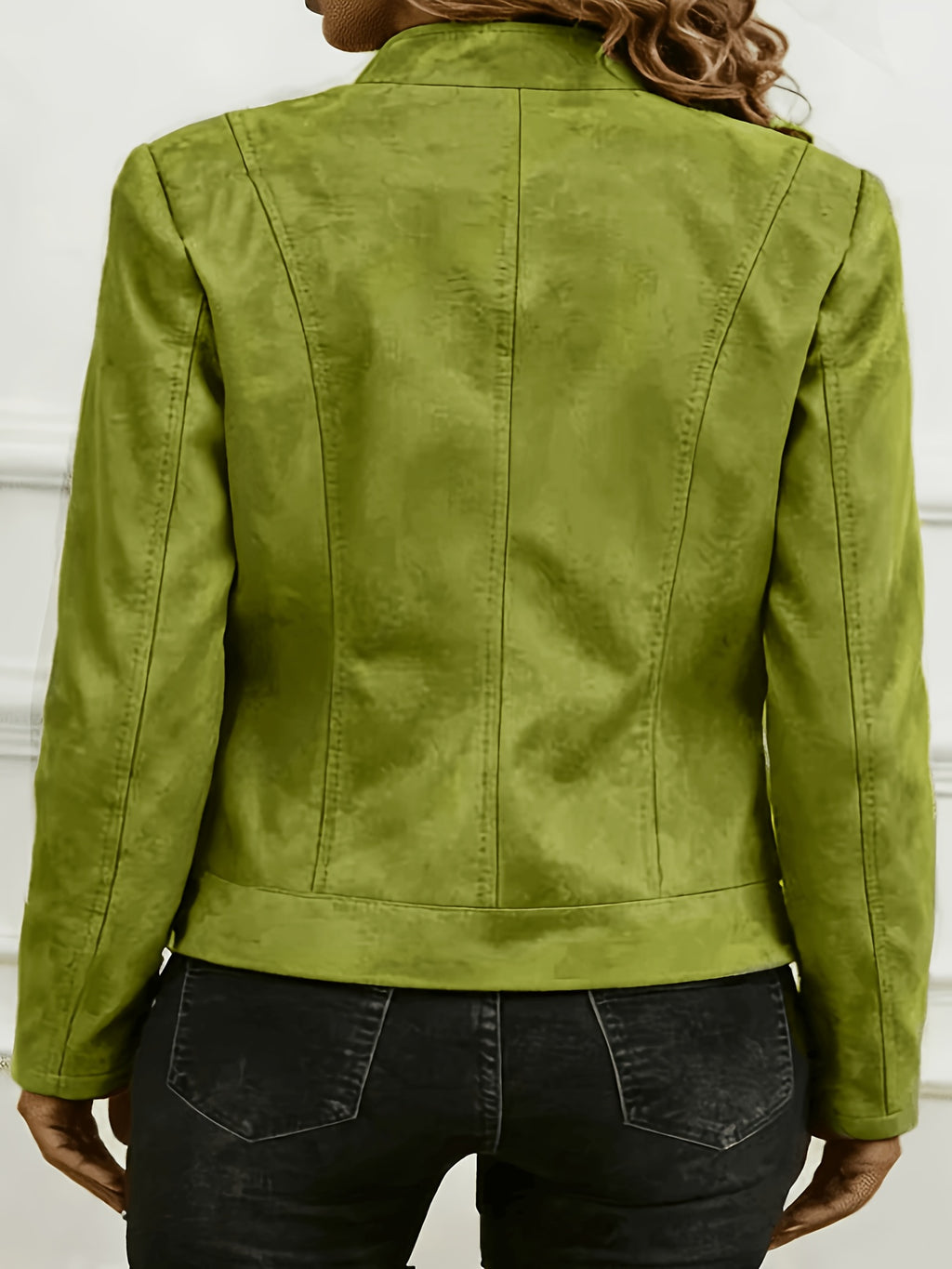 Plus Size Women'S Elegant Jacket - Soft Stretch Fabric, Metallic Zipper Design Spring/Autumn Outerwear - Matcha Color