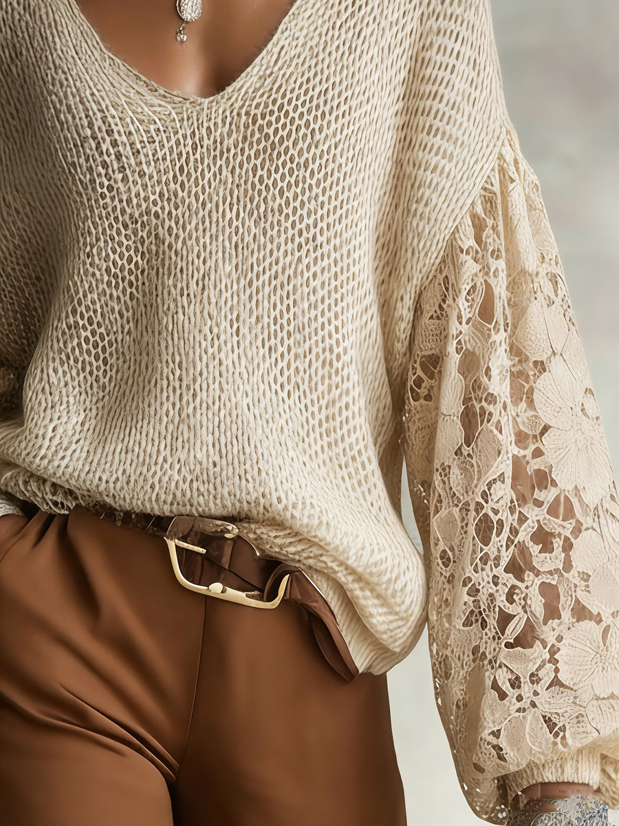 Women's V-Neck Lace Sleeve Sweater, Soft Fabric, Versatile Pullover for Daily Commuting - Apricot