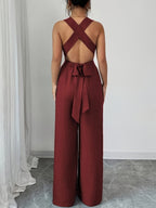 V-neck Women's Jumpsuit with Crisscross Waist Ties, Slit Back, and Wide-leg Straight-cut Pants - Burgundy