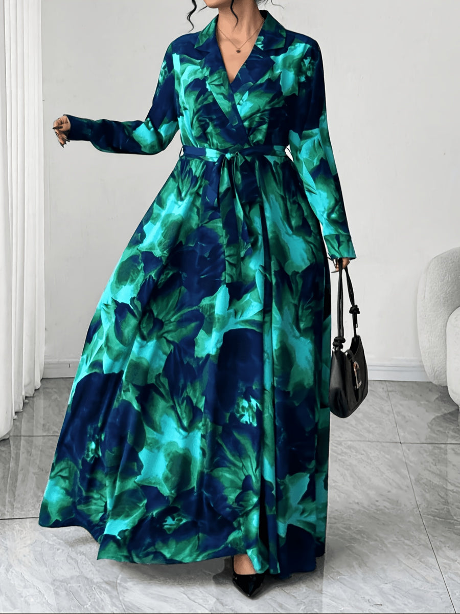 Plus Size Women'S New Elegant Lapel Long Sleeve Waist-Cinching Printed Dress, Casual Fashion Suitable for Parties, Daily Commute, And Dates - Mixed colors