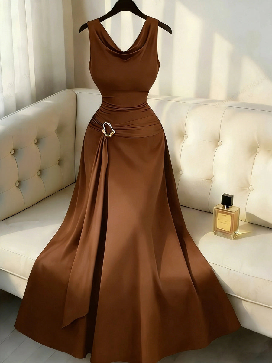 Sleeveless Puff Sleeve Dress Women'S Metallic Buckle Waist-Cinching Bodycon Skirt Elegant Temperament Evening Date Dress Long Dress - Dark Brown