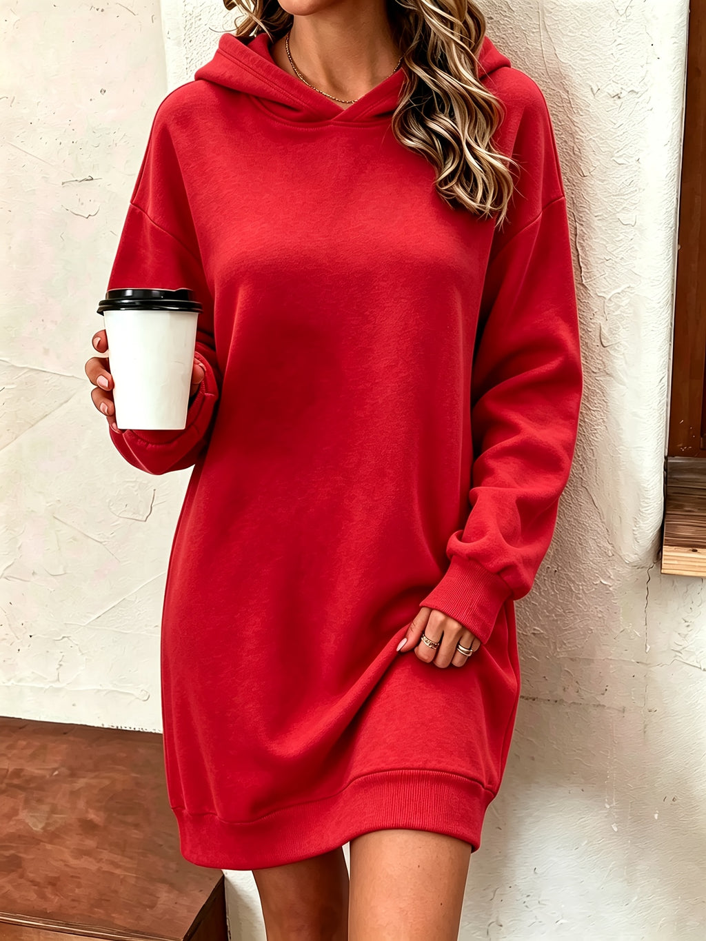 Long Hooded Sweat Dress Women'S Autumn Winter Thickened Fleece Top Women'S Versatile Loose Casual Long Sleeve Hoodie - Red