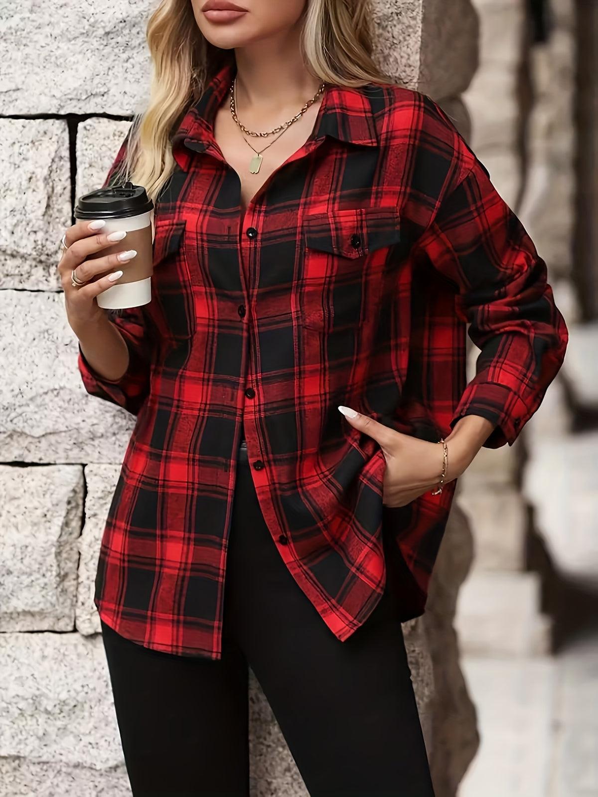 Women's Red & Black Checkered Button- Shirt - Collar Long Sleeve Blouse, Classic Button Front for spring/Autumn Office & Semi-Formal Wear, Machine Washable Non-Stretch Shirt - Red