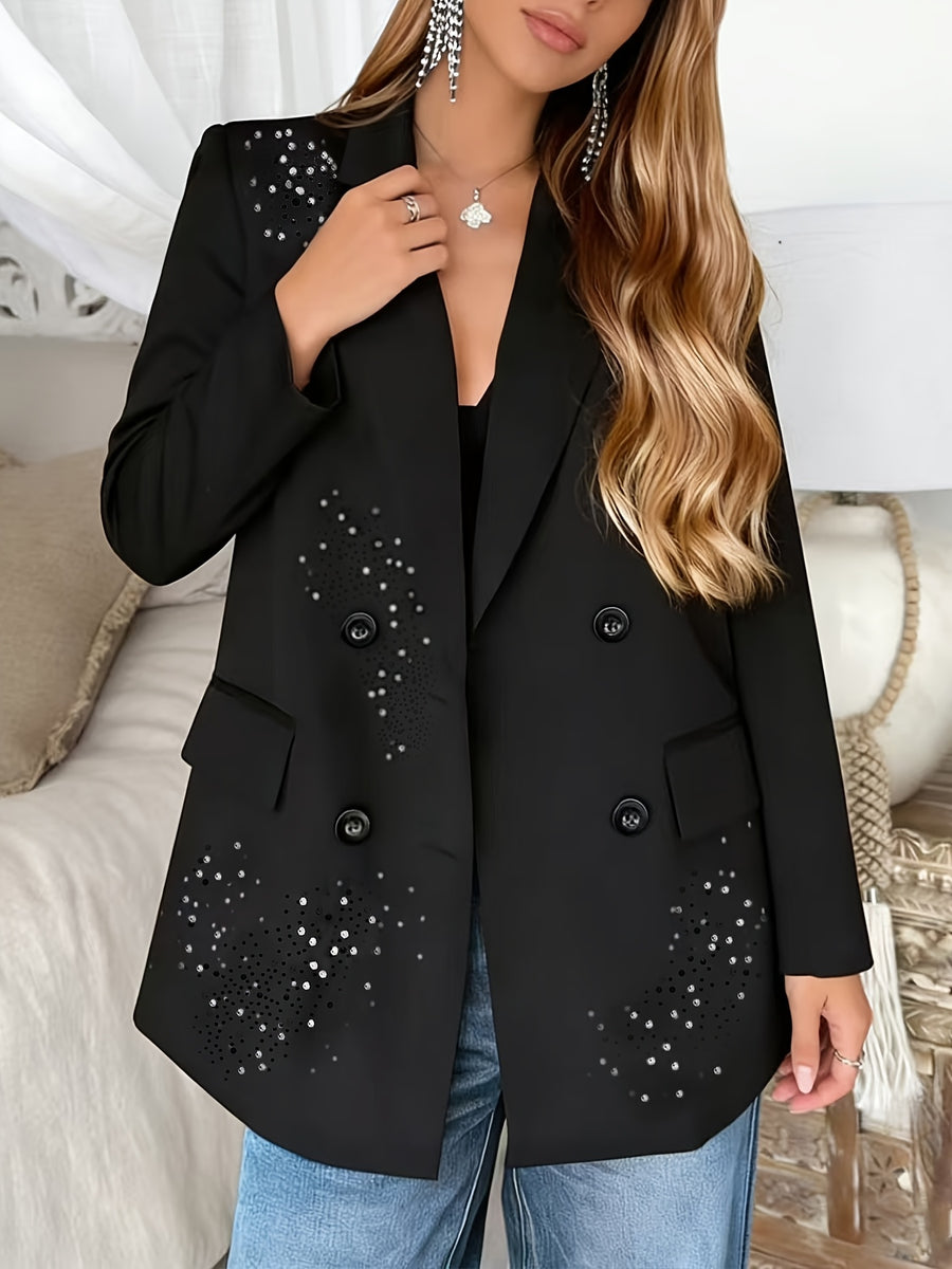Spring/Autumn Women'S Blazer, Rhinestone Long Sleeve Suit, Double-Breasted Lapel Design, High-Quality Craftsmanship, Machine Washable, Suitable for Dates, Daily Wear, Parties, Fashionable Commuting - Black