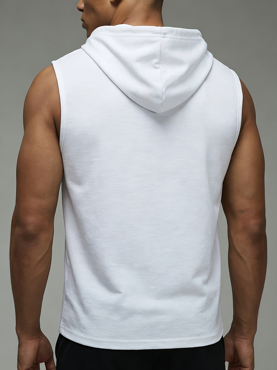 Men's Fashion Solid Color Hooded Sleeveless Vest, Sporty Fitness Casual Style, Adjustable Drawstring Design, Versatile and Stylish Daily Top - White