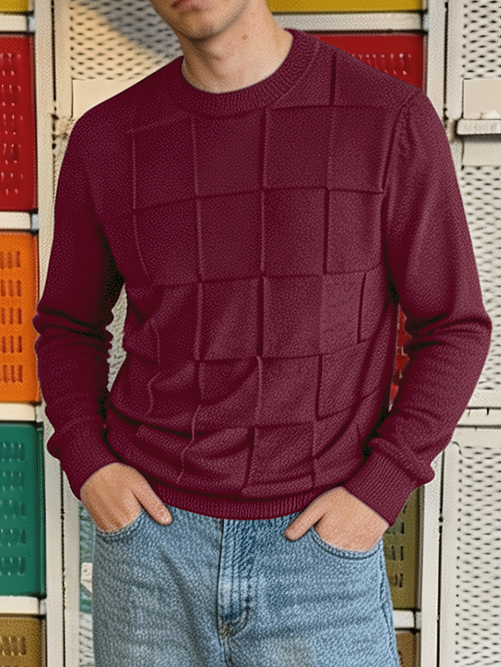 Men'S Round Neck Plaid Textured Knit Sweater, Long Sleeve Soft Lightweight Pullover, Suitable for Business Casual Wear - Purple Red