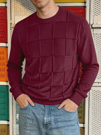 Men'S Round Neck Plaid Textured Knit Sweater, Long Sleeve Soft Lightweight Pullover, Suitable for Business Casual Wear - Purple Red