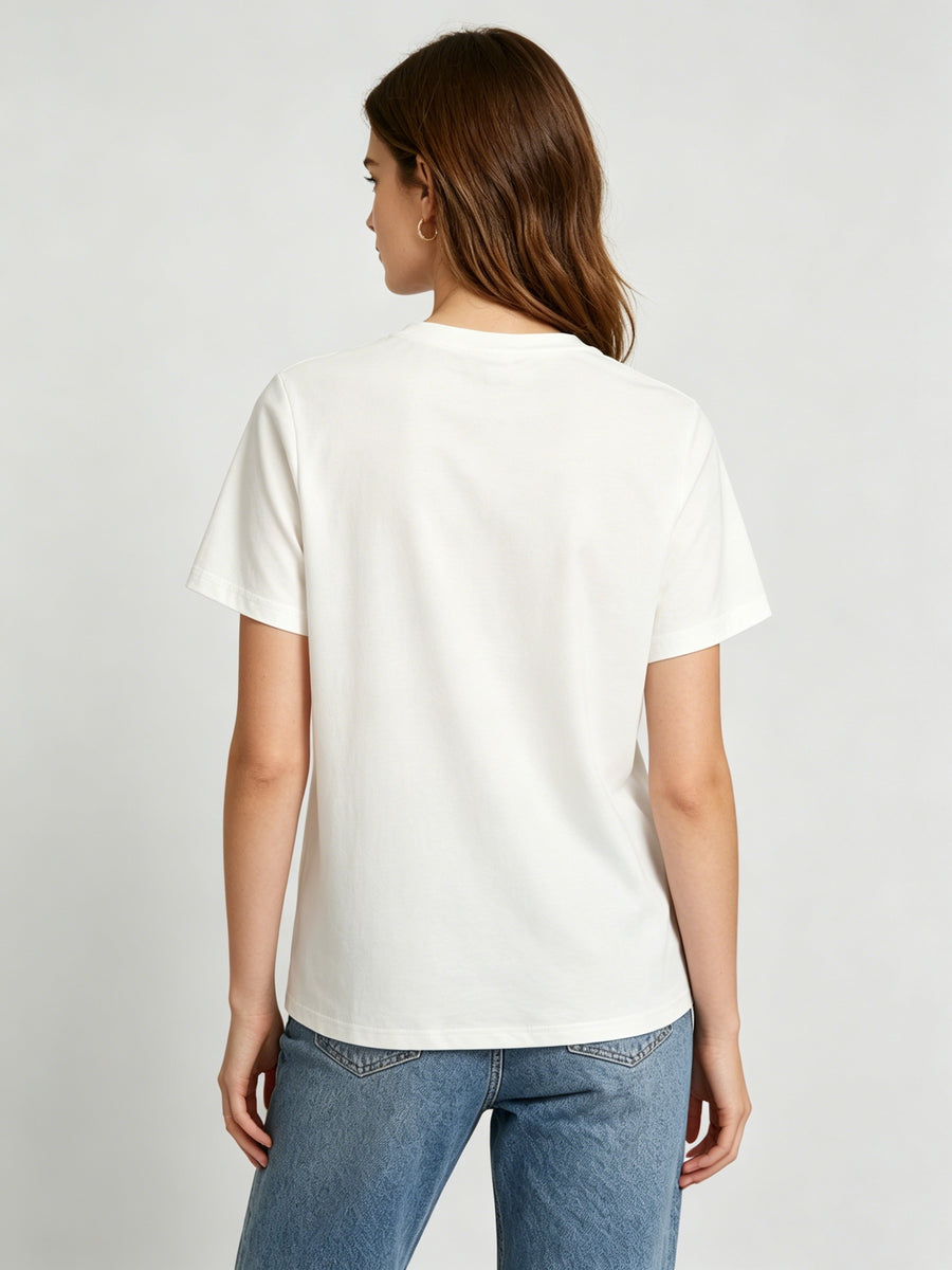 Women's Elegant Round Neck Short-Sleeve T-Shirt - Solid Color Blouse Suitable for Spring Summer Fall, Medium Stretch Opaque Short Sleeve Top, Machine Washable Casual & Dressy Basic Blouse for Layering, Regular Fit Wardrobe Essential - White