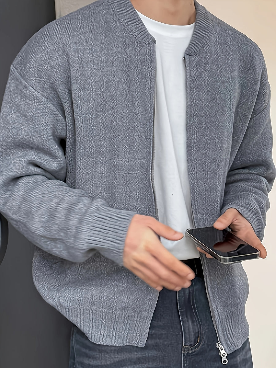 Autumn/Winter New Japanese & Korean Style Men's Simple Versatile Solid Color Casual Loose Long Sleeve Zipper Fabric Cardigan Open Front Knitted Outerwear - Grey