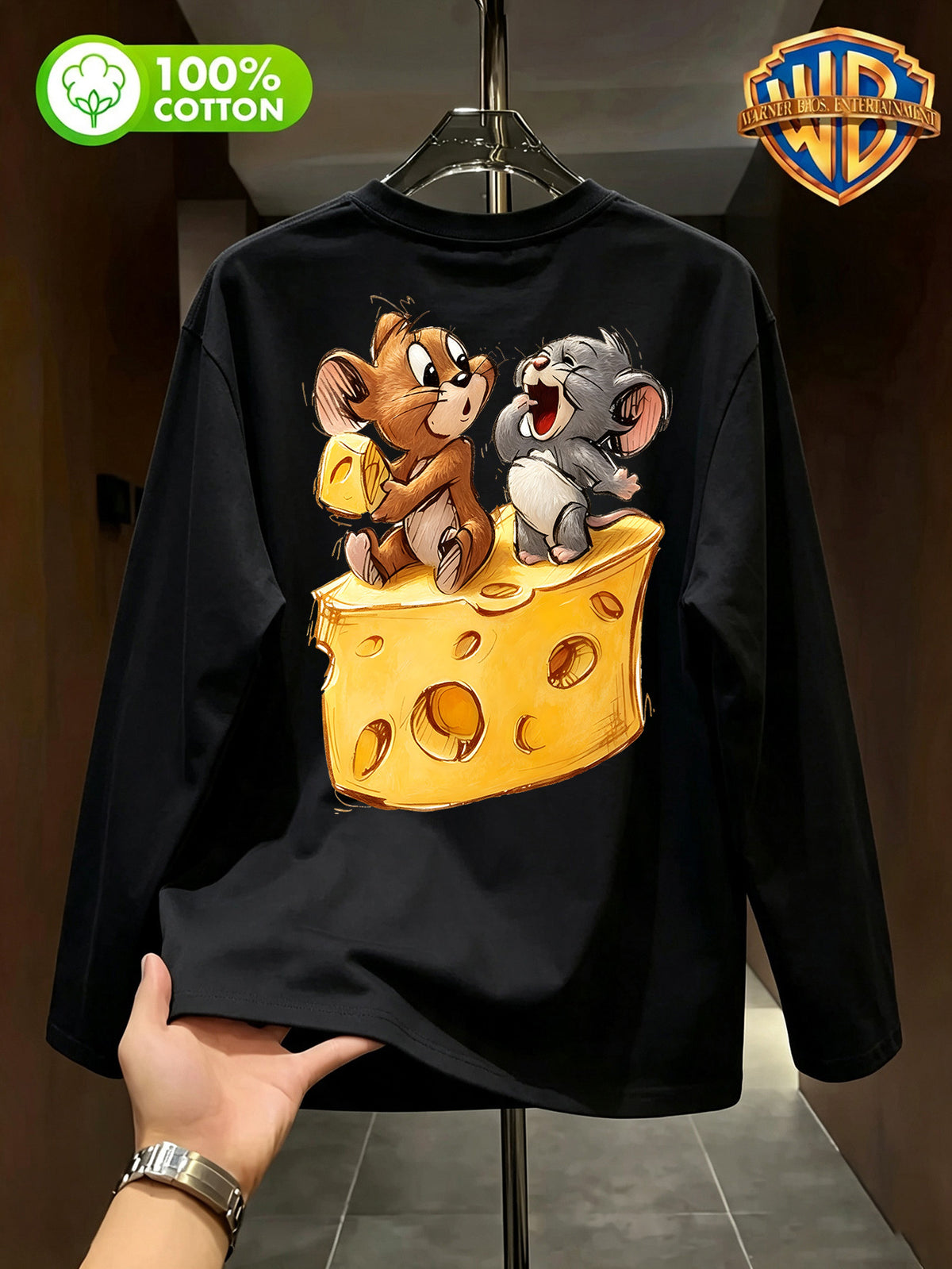 Authorized by Warner Bros., Printed 100% Pure T-Shirt, Men'S Comfortable And Versatile Loose Summer | Autumn | Long Sleeve T-Shirt, Suitable for Outdoor Sports, Gym, And Multi-Functional Sports Casual Loose Wear - Black