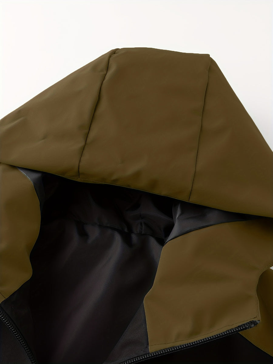 Men's Hooded Jacket with Bull Logo Colorblock Hooded Outdoor Jacket, Men's Sporty Casual Outerwear, JK1859 - Dark Khaki 2