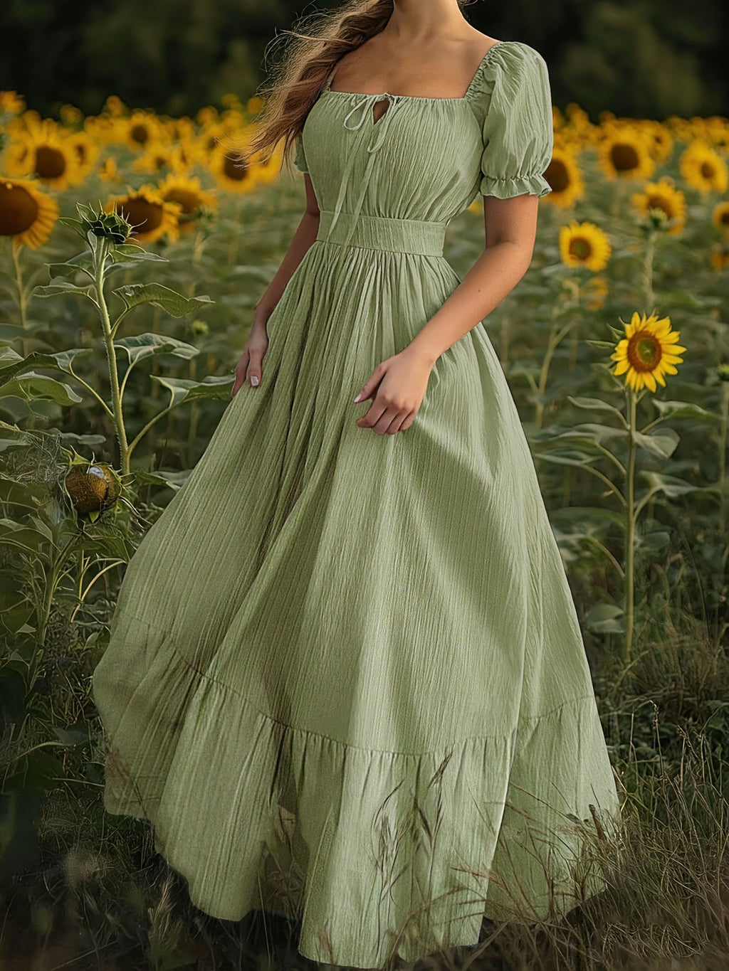 Fashionable And Elegant Textured Square Neck Dress Puff Sleeve Waist Tie Cake Long Dress French Gentle Style First Love Dress - Mint Green