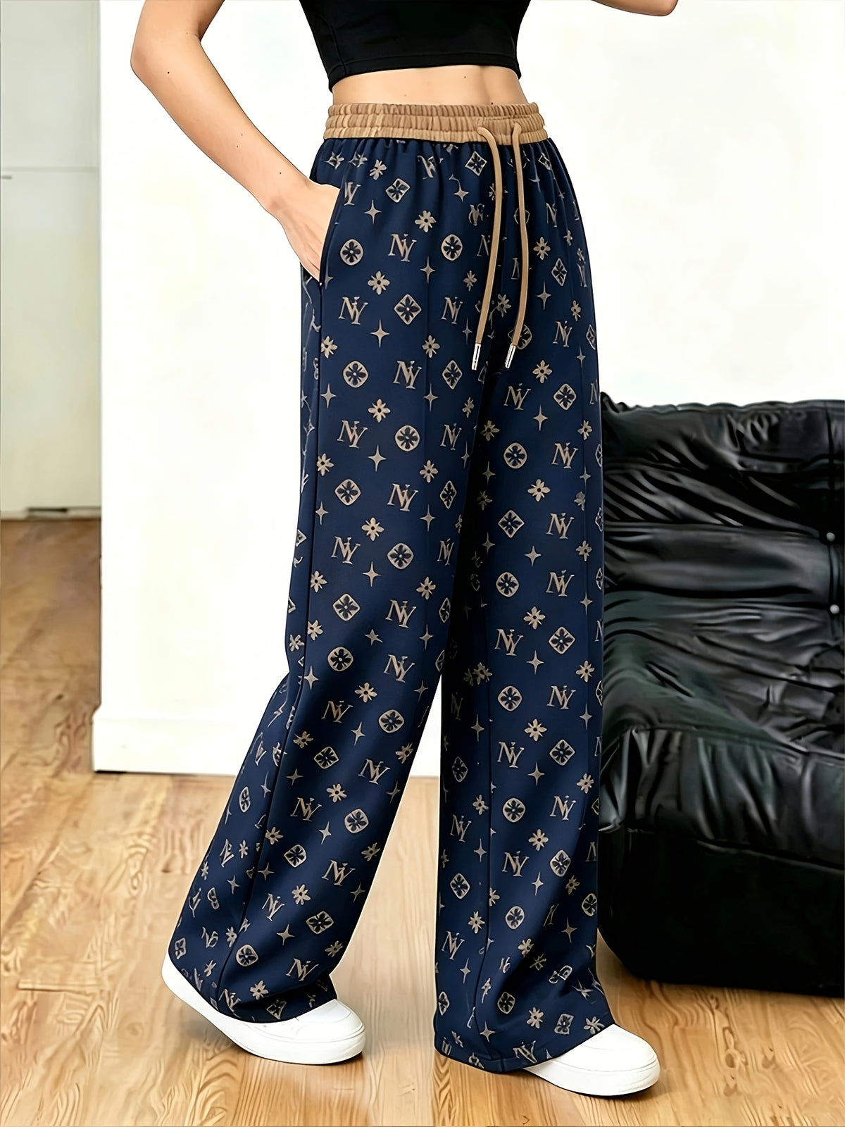 Women's Minimalist Printed Casual Pants, Drawstring Pocket Straight-Leg Trousers, Machine Washable and Hand Washable - Navy Color