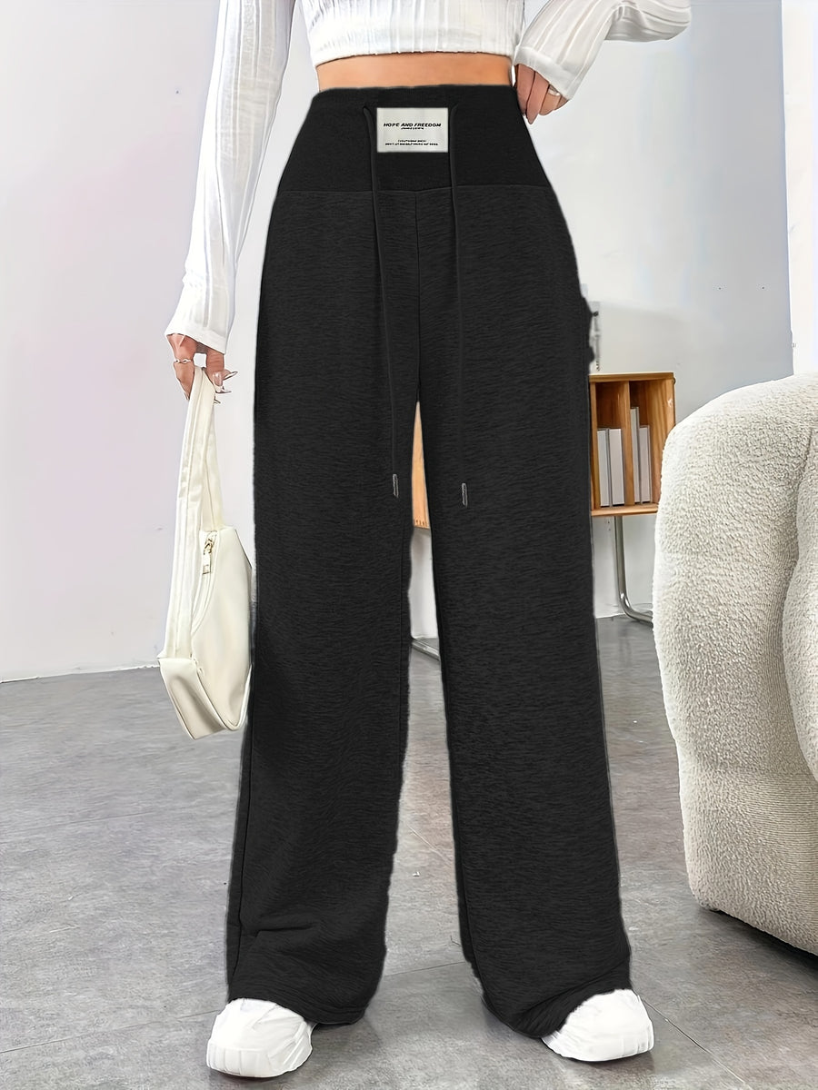 High-waisted Ribbed Waistband Wide-leg Pants with Contrast Drawstring and Label, No Pockets, Solid Color, Versatile for Daily Commuting in Spring, Summer, and Autumn. Lightweight and Easy to Wear, a Fashionable Choice - Black