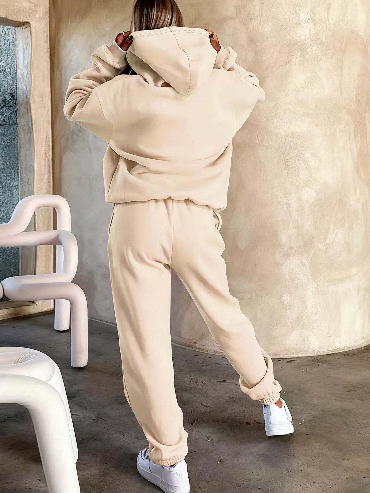 Graphic Print Two-Piece Set, Crew Neck Sweatshirt And Pants, Women'S Clothing - Apricot