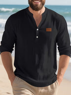 Men's American Style Linen Henley Long Sleeve T-Shirt, for Autumn, Loose Casual Breathable V-Neck Henley Top with Chest Logo Patch - Black