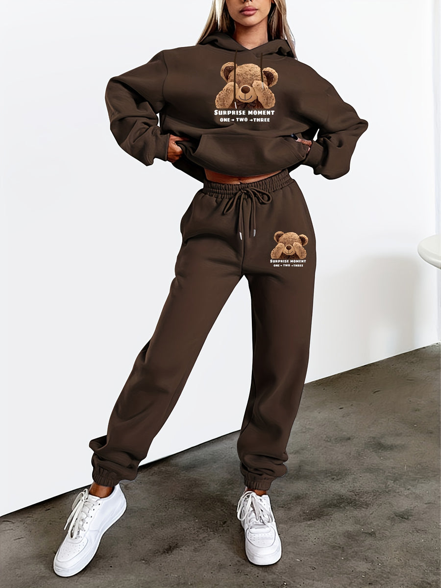 Toy Bear Pattern Print, Women'S Casual Hooded Drawstring Two-Piece Set - Coffee Color