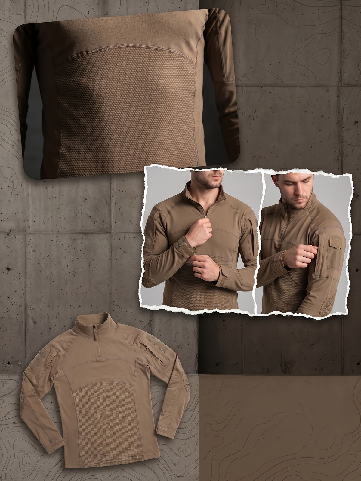 ESDY 1-Piece Men's Stand Collar Tactical BDU Sweatshirt, Large Mesh Breathable Half-Zip Outdoor Combat Top, Chest and Back Mesh Breathable Training Wear - Khaki