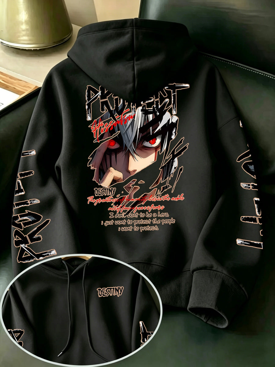 Limited-Time Special Offer: Single-pc Unisex Black Knitted Hooded Sweatshirt with Anime Boy Portrait Graffiti and English Print, Trendy Cool Anime-Style Loose Drop-Shoulder Hoodie for Spring/Autumn, Casual Wear for Outings and Gatherings - Black