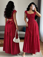 Elegant Casual Vacation Square Neck Lotus Dancing Sleeve Polka Dot Printed Textured Checkered Chiffon Fabric Back Tie Pleated Full Skirt Spring Summer Red Women'S Dress Summer Summer Women'S Long Skirt Vacation Dress Women'S Polka Dot Dress Elegant - Red