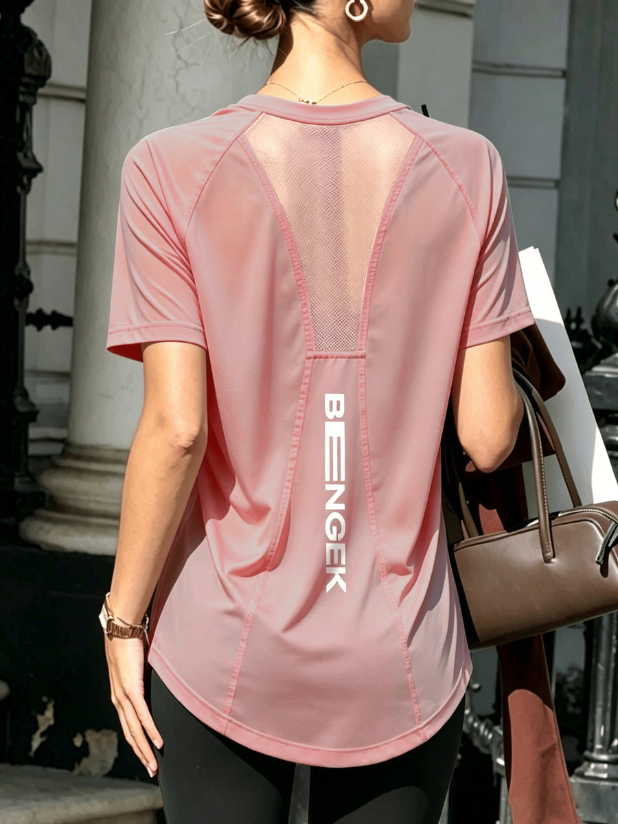 Mesh Panel Backless Athletic Top with Vertical Letter Print, Breathable Fitness Running Yoga Casual Versatile Short Sleeve T-Shirt for Women - Pink Color