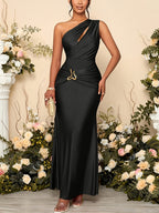 Women'S Fashionable Exquisite Date Holiday Party Evening Gown Women'S Elegant Asymmetric Metal Floral Design Sexy Cutout Tailored Waist-Cinched Bodycon Long-Length Dress Bridesmaid Dress Women'S - Black