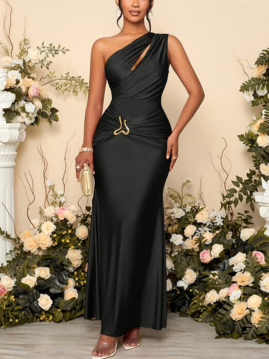 Women'S Fashionable Exquisite Date Holiday Party Evening Gown Women'S Elegant Asymmetric Metal Floral Design Sexy Cutout Tailored Waist-Cinched Bodycon Long-Length Dress Bridesmaid Dress Women'S - Black