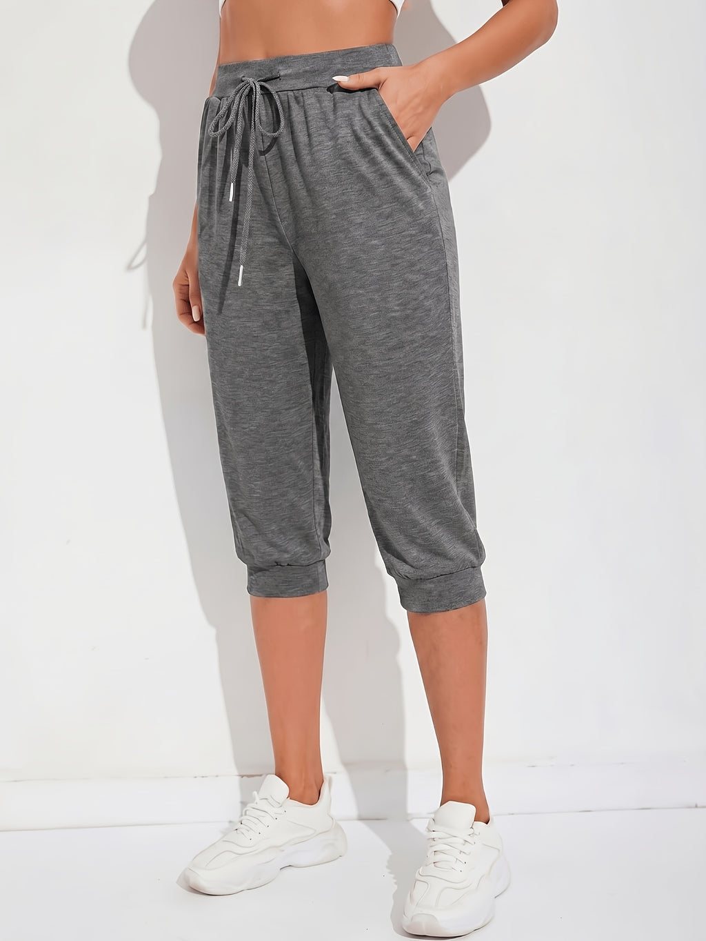 European and American Style High-Waist Cropped Sweatpants for Women, Summer Running Casual Jogger Pants with Pockets, Comfortable and Breathable Versatile Harem Pants for Home Wear - Dark Gray