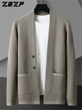ZBZP Autumn/Winter Knitted 3D V-Neck Solid Color Sweater, Basic Knit Cardigan, Men's Fashion Knitwear Long-Sleeve Outerwear 10719 - Khaki