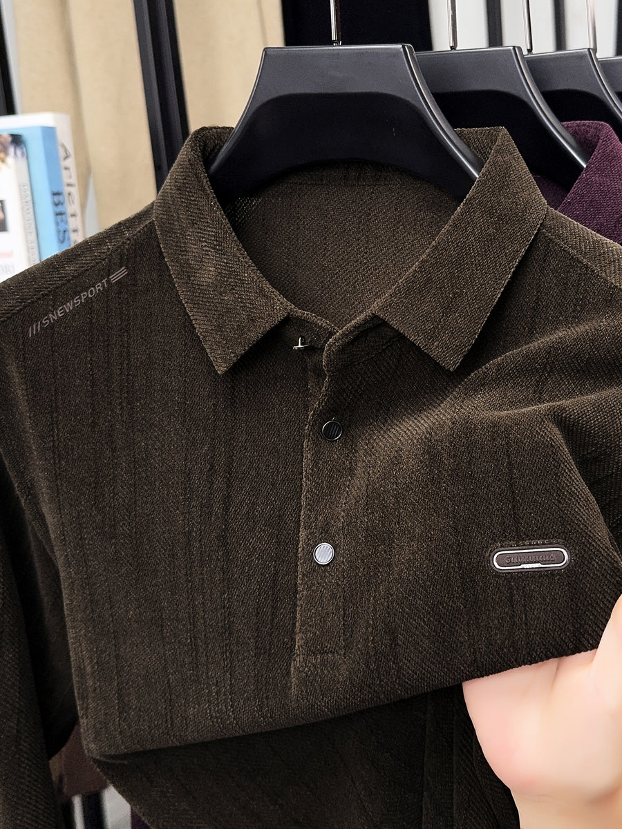 New Autumn Collection: Men's High-GSM Solid Color Textured Vertical Stripe Lapel Top for Commuting, Business, and Casual Wear - Knitted T-Shirt Polo Shirt - Olive Green