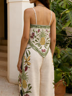 Bohemian Style Floral Print Set Featuring a Tropical Toucan Print Asymmetrical Top And Loose Wide-Leg Pants - Off-white