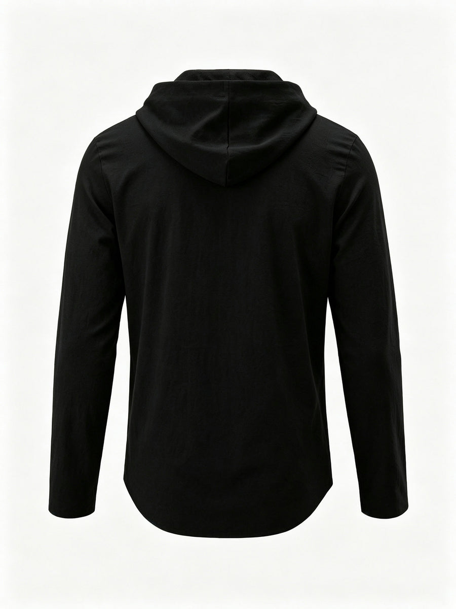 Men's Fashion Hoodie, Linen Long Sleeve Hooded Top Shirt, Henley Shirt, Linen Texture Hooded Henley Long Sleeve Shirt for Men, Half-Zip Wood Button Drawstring Hoodie, Vacation Style Loose Fit with Roll-Up Sleeves, Casual Top, 2pcs Set - Gray+black