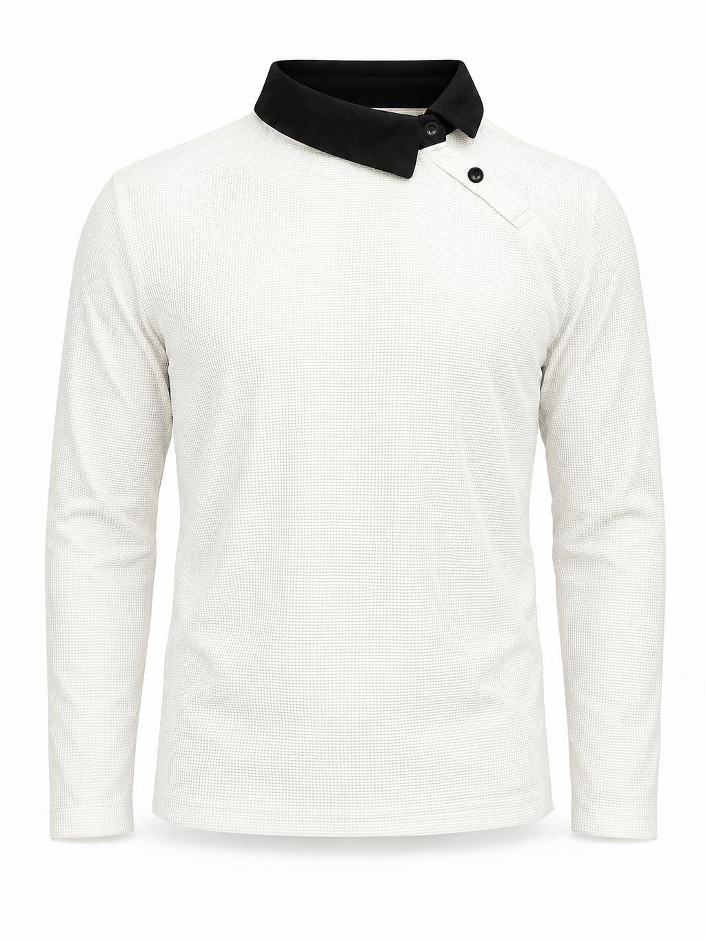 Pearson OBM Christmas Holiday Event, 1pc Adult Men's Multi-Color Fine Waffle Knit Long-Sleeve Lapel Top with Contrast Collar, Dual Black Buttons, and Asymmetrical Slanted Placket Design, Vintage Street-Style Light Luxury Look, Comfortable Fit - White