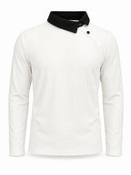 Pearson OBM Christmas Holiday Event, 1pc Adult Men's Multi-Color Fine Waffle Knit Long-Sleeve Lapel Top with Contrast Collar, Dual Black Buttons, and Asymmetrical Slanted Placket Design, Vintage Street-Style Light Luxury Look, Comfortable Fit - White